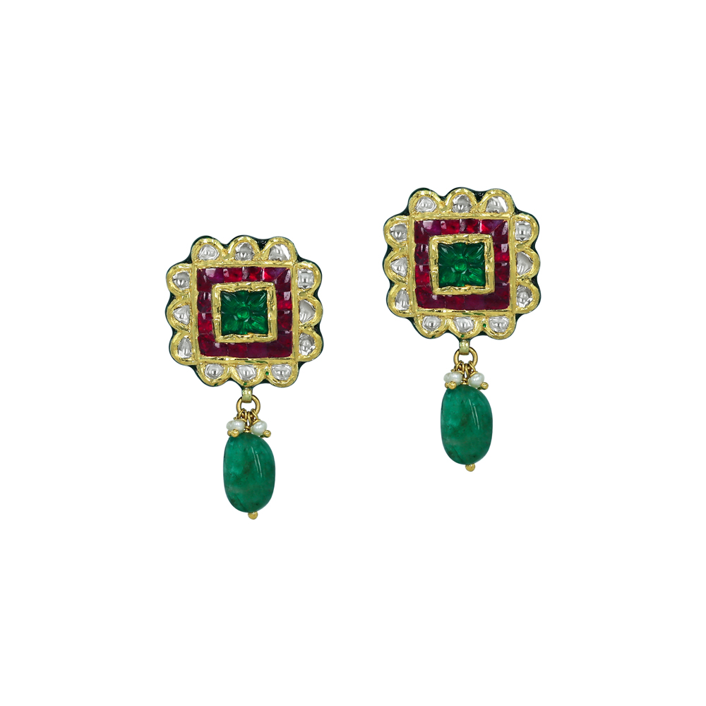 Square Emerald Earrings with Ruby talafs and Emerald Drops